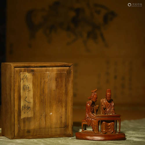 竹雕人物A BAMBOO CARVING OF FIGURES AND BOX