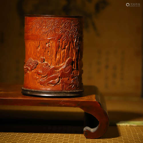 竹雕山水人物笔筒A BAMBOO CARVING OF A MOUNTAIN AND RIVER BRU...