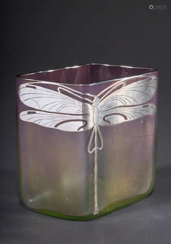 Eckige irisierende Jugendstil Vase mit Silver Ov | Angular i...