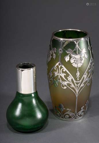 2 Diverse Teile grüne Jugendstil Glas Vasen mit | 2 Various ...