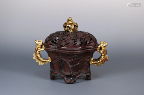 A Chinese Carved Agarwood Beast Ear Censer