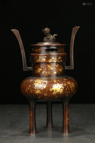 A Chinese Bronze Tripod Burner With Cover