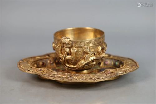 Pair of Dragon Pattern Gilt Silver Cups