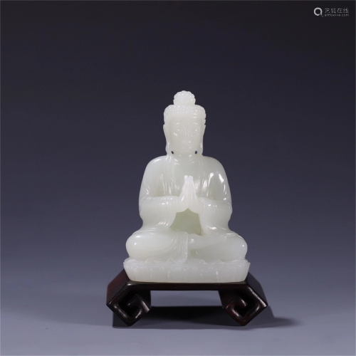 A Chinese Carved White Jade Statue of Guanyin