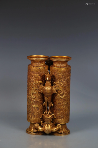 A Gilt Bronze Dragon & Phoenix Conjoined Vase