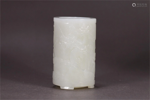 A Chinese Carved Jade Figure Pattern Brush Pot