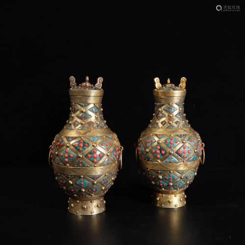 A Pair of Double Beast Ear Gilt Silver Vases