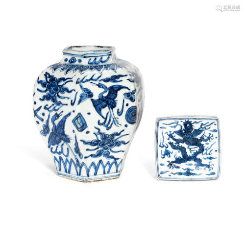 A BLUE AND WHITE HEXAGONAL 'CRANES' JAR AND A BLUE AND WHITE...