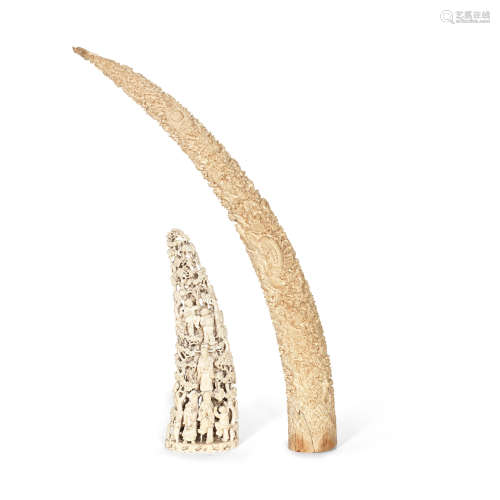 TWO VARIOUSLY CHINESE AND SOUTH EAST ASIAN IVORY TUSK CARVIN...