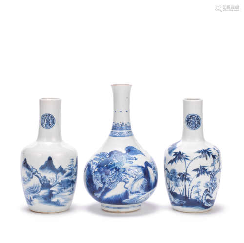 A BLUE AND WHITE 'KYLIN' BOTTLE VASE AND A RELATED PAIR OF V...