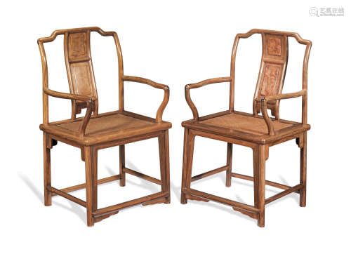 A MATCHED PAIR OF HUANGHUALI AND BURLWOOD ARMCHAIRS Qing Dyn...