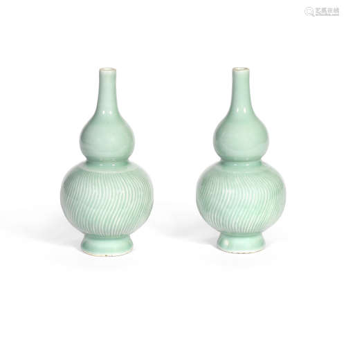 A PAIR OF CELADON GLAZED DOUBLE GOURD VASES 19th century