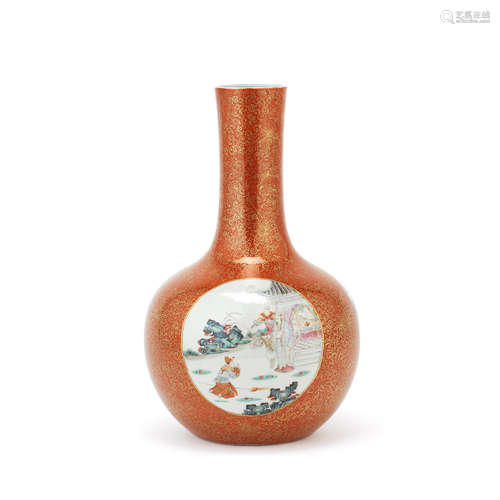 A FAMILLE ROSE AND CORAL GROUND BOTTLE VASE Underglaze blue ...