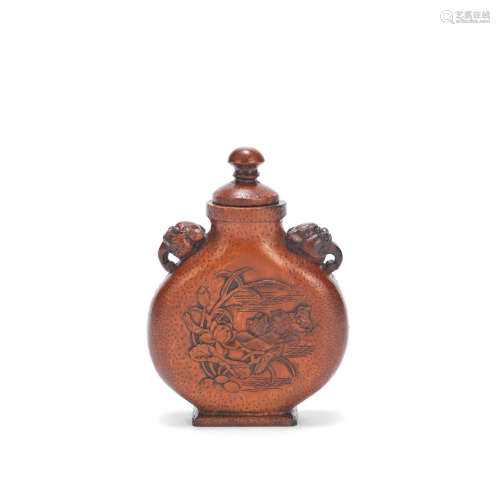 A LARGE CARVED BAMBOO SNUFF BOTTLE AND COVER Daoguang six-ch...