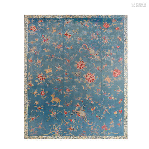 A TURQUOISE GROUND 'PHOENIX AND DEER' PEKING-KNOT SILK PANEL...