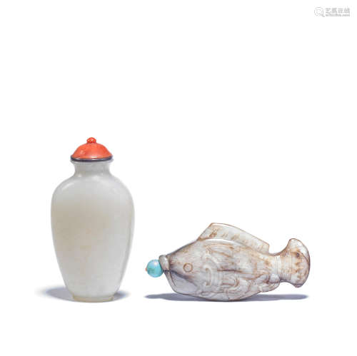 A PALE GREEN JADE SNUFF BOTTLE AND A CARVED FISH-FORM SNUFF ...