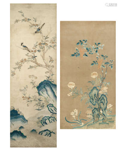 TWO SILK EMBROIDERED PANELS 18th/19th century