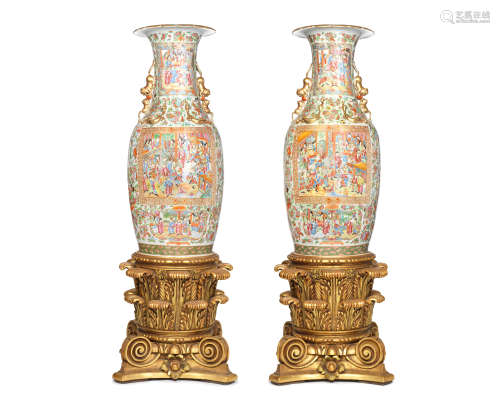 A LARGE PAIR OF CANTON FAMILLE ROSE VASES 19th century