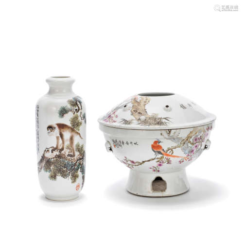 AN ENAMELLED FAMILLE ROSE 'MONKEY' VASE, AND A FAMILLE ROSE ...