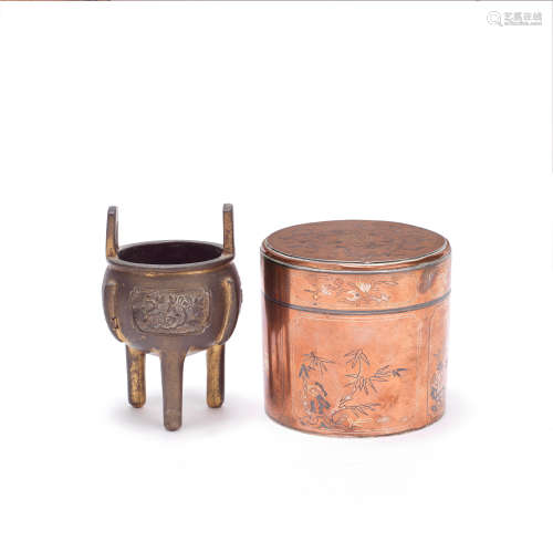 A TONKIN WARE PARCEL GILT BRONZE INCENSE BURNER AND AN INLAI...