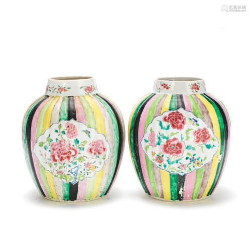 A PAIR OF LOBED FAMILLE ROSE STRIPED JARS Yongzheng