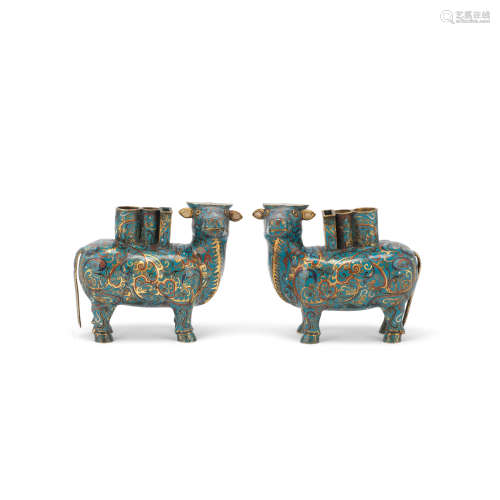 A PAIR OF CLOISONNÉ ENAMEL 'OX' INCENSE HOLDERS Late Qing Dy...