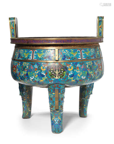 A MASSIVE CLOISONNÉ ENAMEL TRIPOD INCENSE BURNER, DING Late ...