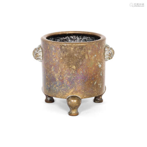 A GOLD-SPLASHED BRONZE CYLINDRICAL TRIPOD INCENSE BURNER Xua...