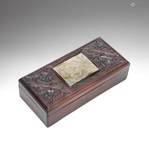 A JADE-INSET HONGMU BOX AND COVER The box, late Qing dynasty...