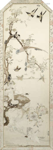 A CREAM SILK 'BIRDS AND FLOWERS' EMBROIDERY 19th century