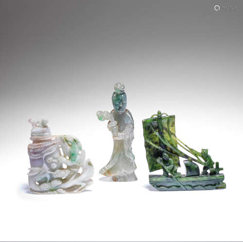 THREE VARIOUSLY JADE AND JADEITE CARVINGS Late Qing Dynasty