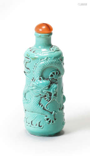 A TURQUOISE GLAZED 'DRAGON' SNUFF BOTTLE Jiaqing seal mark a...
