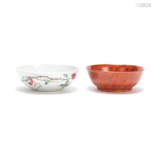 A 'FAUX-BOIS'-ENAMELLED BOWL AND A FAMILLE ROSE 'PRUNUS' SHA...