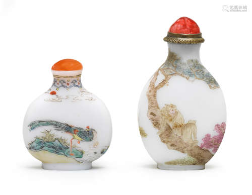 TWO ENAMELLED GLASS SNUFF BOTTLES Late Qing Dynasty