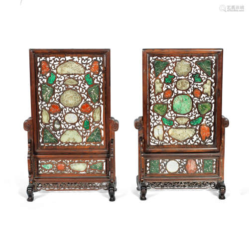 A PAIR OF JADE AND HARDSTONE INSET CARVED HONGMU TABLE SCREE...