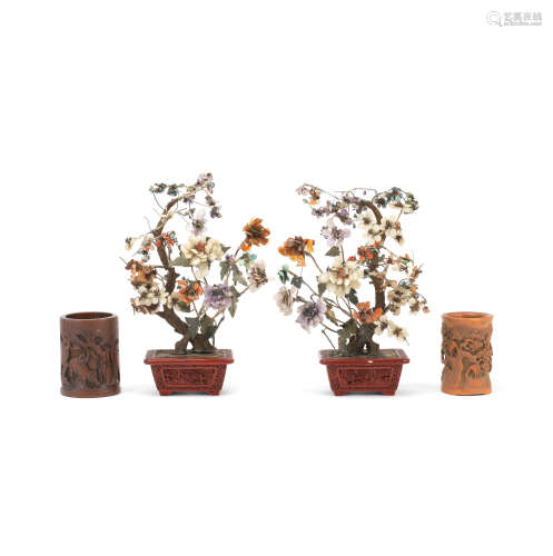 A PAIR OF HARDSTONE TREES IN LACQUER JARDINIERES AND TWO BAM...