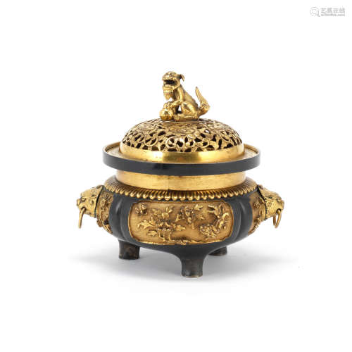 A BRONZE AND PARCEL GILT TRIPOD INCENSE BURNER AND COVER 18t...