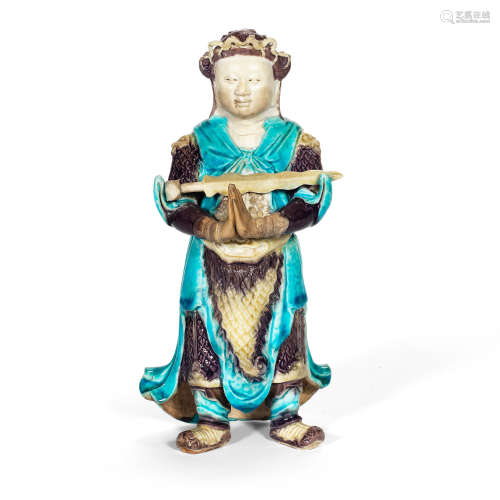 A FAHUA GLAZED BISCUIT FIGURE OF WEITUO Kangxi