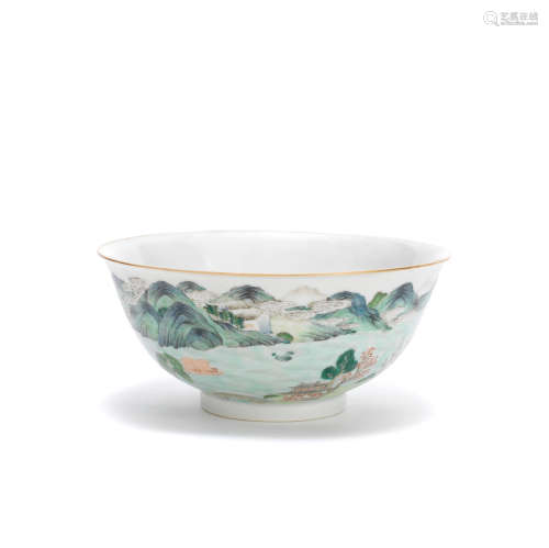 A FAMILLE ROSE 'LANDSCAPE' BOWL Jiaqing seal mark, Qing Dyna...
