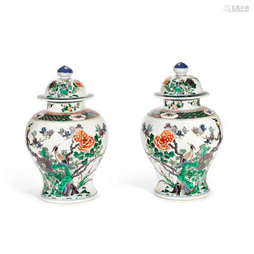 A PAIR OF FAMILLE VERTE BALUSTER VASES AND COVERS 19th centu...