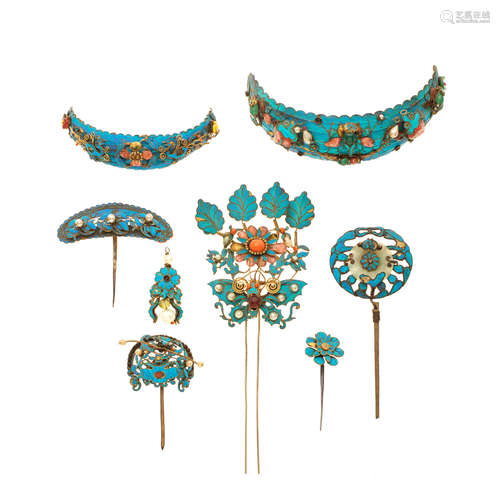 A GROUP OF KINGFISHER FEATHER EMBELLISHED JEWELLERY Qing Dyn...