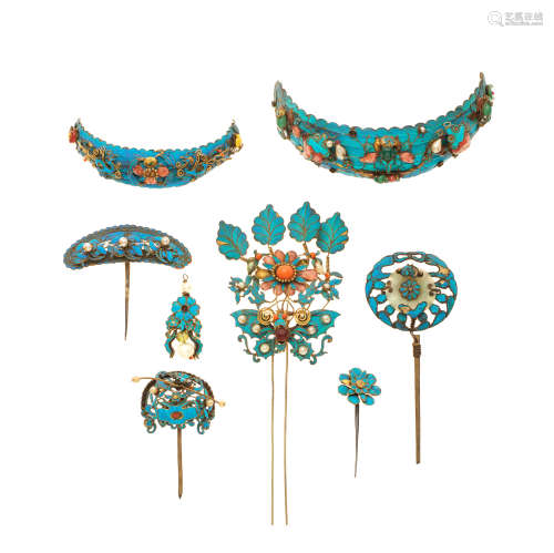 A GROUP OF KINGFISHER FEATHER EMBELLISHED JEWELLERY Qing Dyn...