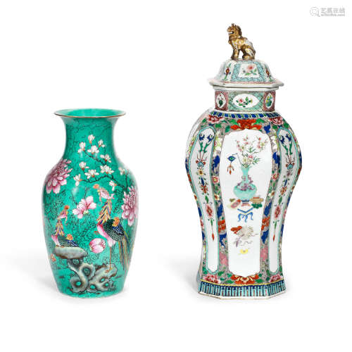 A FAMILLE ROSE OCTAGONAL VASE AND COVER AND A FAMILLE ROSE T...