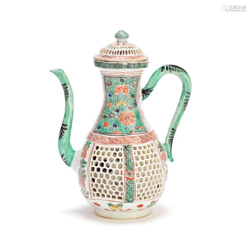 A FAMILLE VERTE RETICULATED EWER AND COVER Kangxi