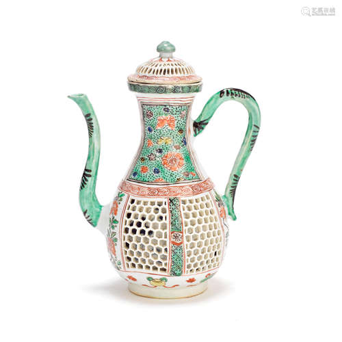 A FAMILLE VERTE RETICULATED EWER AND COVER Kangxi