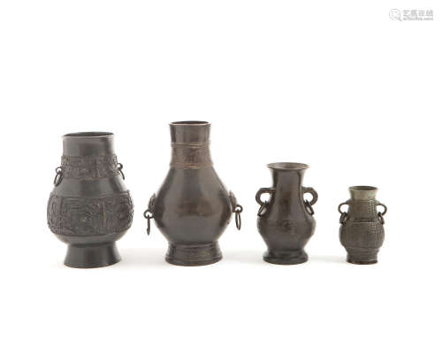 FOUR ARCHAISTIC BRONZE VASES, HU Song-Ming Dynasty