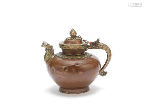 A COPPER ALLOY EWER AND COVER WITH SILVER-INLAID BRASS MOUNT...