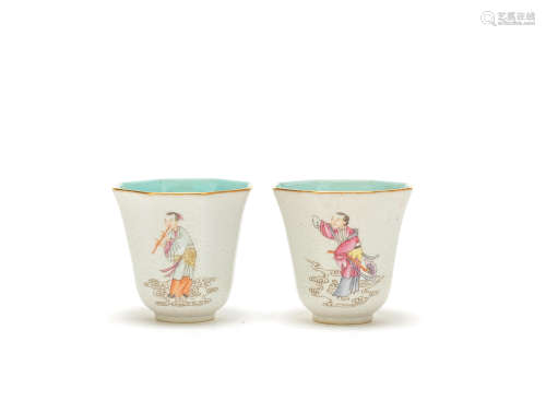 A PAIR OF FAMILLE ROSE 'IMMORTALS' WINE CUPS Iron red Xiezhu...