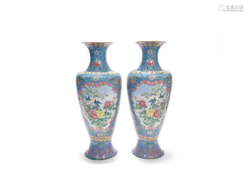 A VERY LARGE PAIR OF PAINTED ENAMEL VASES 20th century