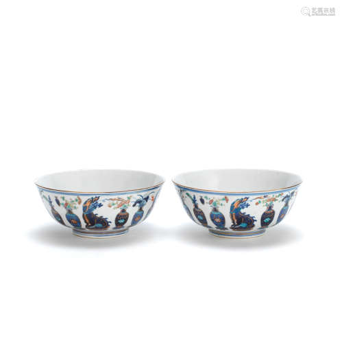 A PAIR OF FAMILLE ROSE AND UNDERGLAZE BLUE BOWLS Guangxu six...